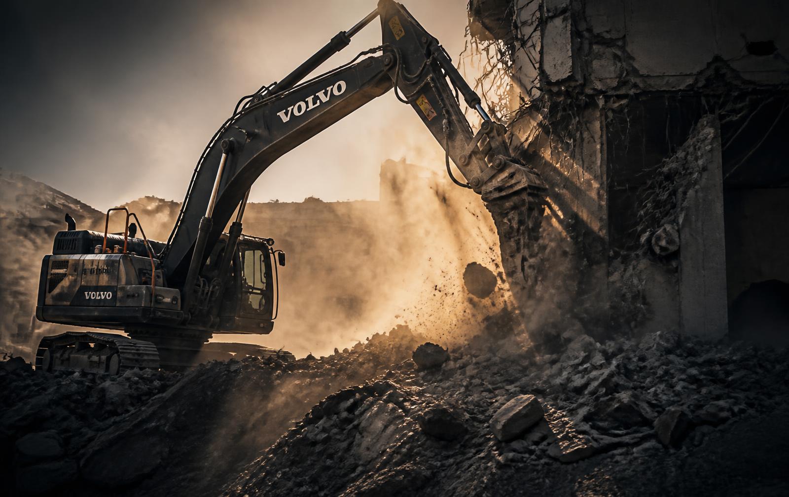 Excavator with hydraulic breaker demolishing a concrete building